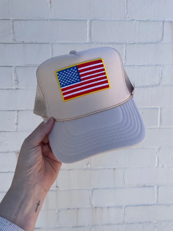 American Flag Patch Trucker Hat | Tan made by Belletique