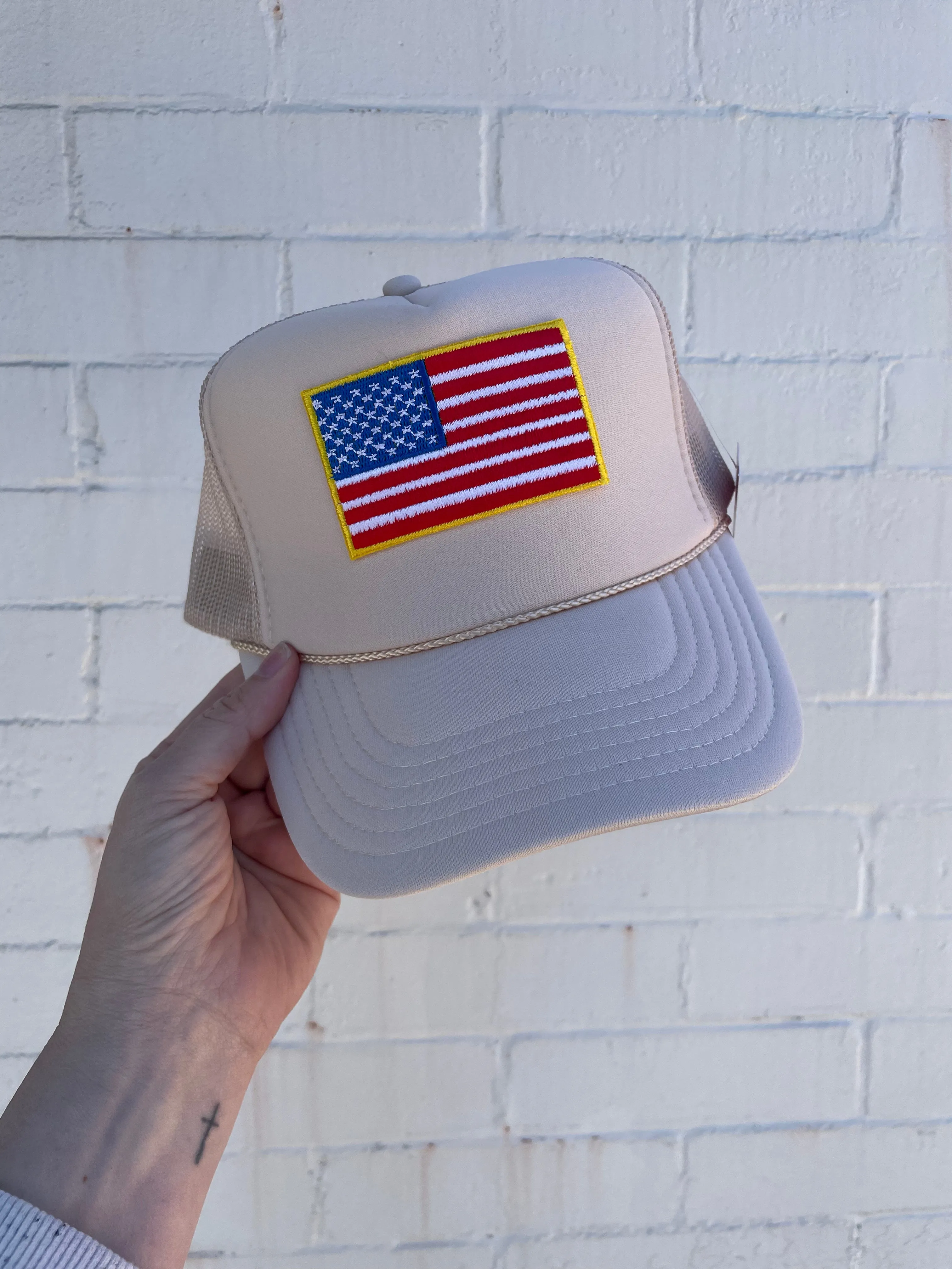 American Flag Patch Trucker Hat | Tan sold by Belletique