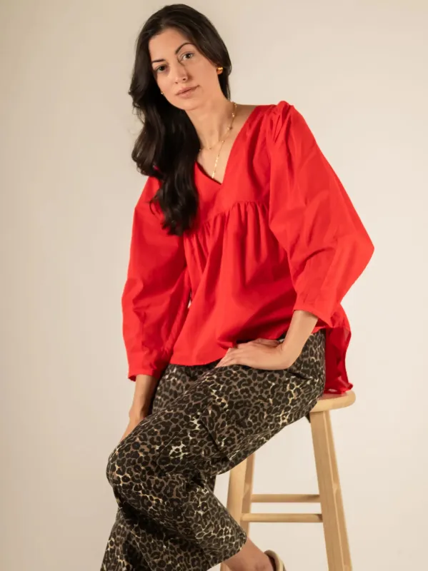 Cotton V-Neck Blouse | Red made by Belletique