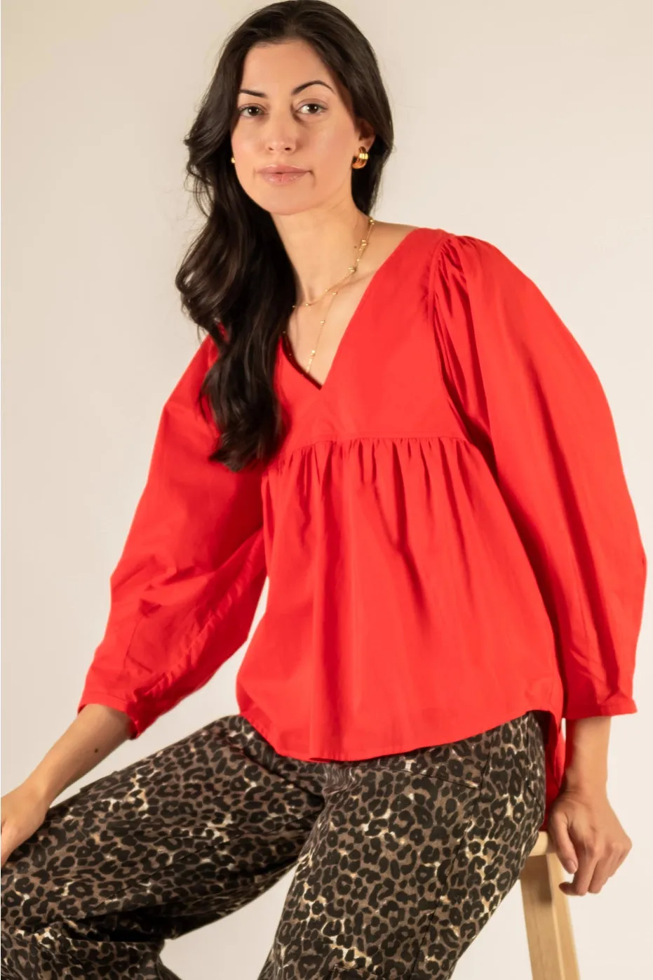 Cotton V-Neck Blouse | Red sold by Belletique product image thumbnail 2