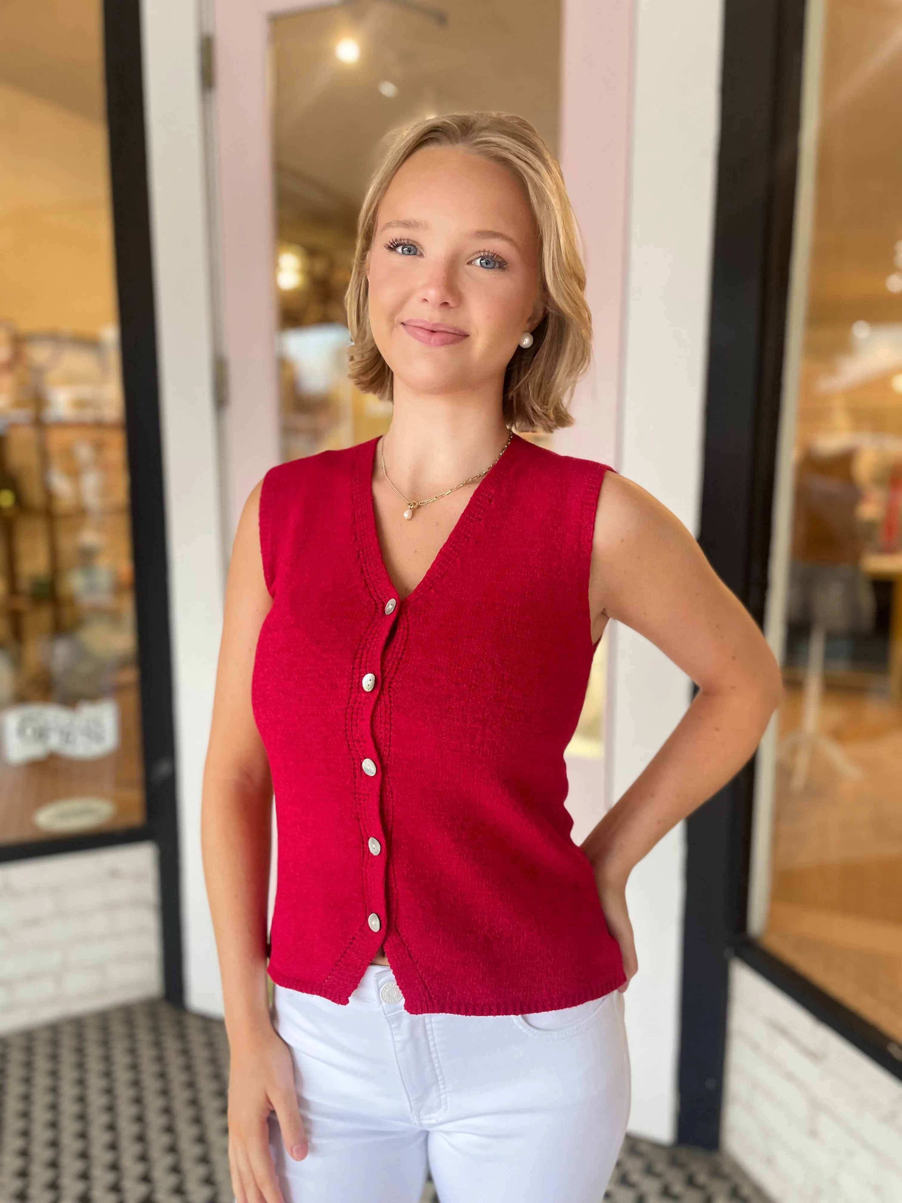 Red Button Down Sweater Top sold by Belletique product image thumbnail 2