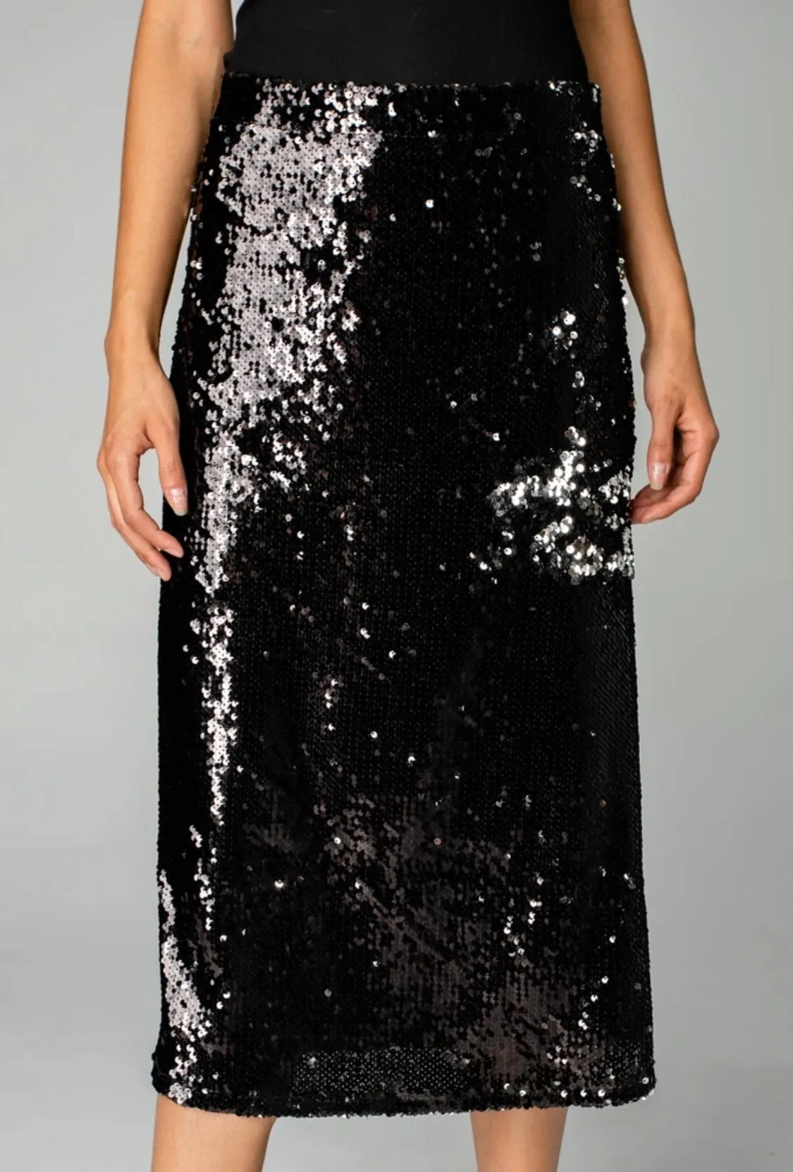 Sequin MIDI Skirt | Black sold by Belletique