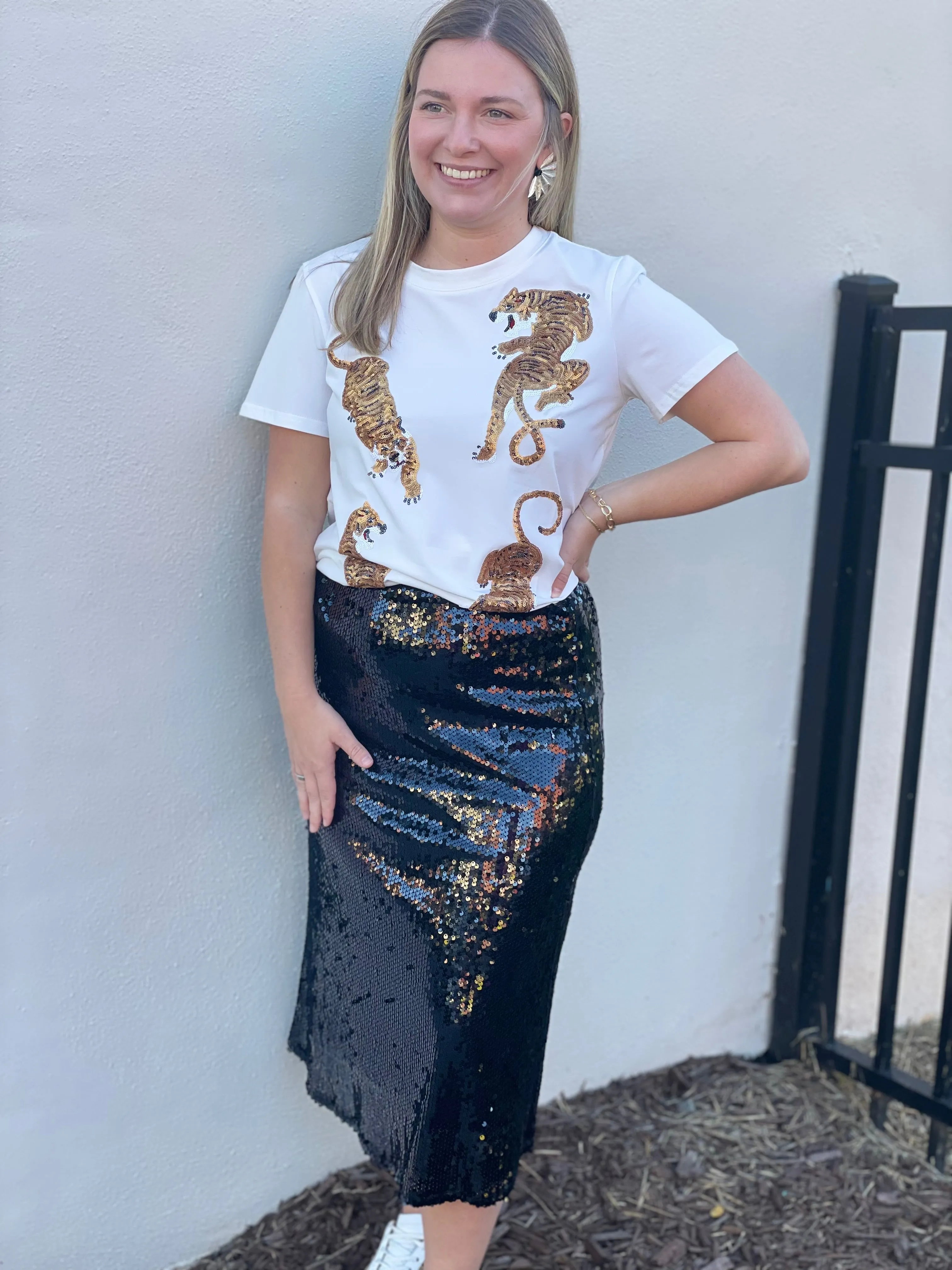 Sequin MIDI Skirt | Black sold by Belletique product image thumbnail 5