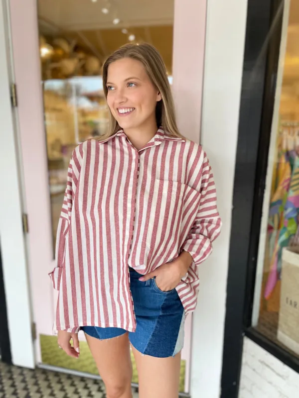 The Cate Shirt | Red Stripe Linen sold by Belletique