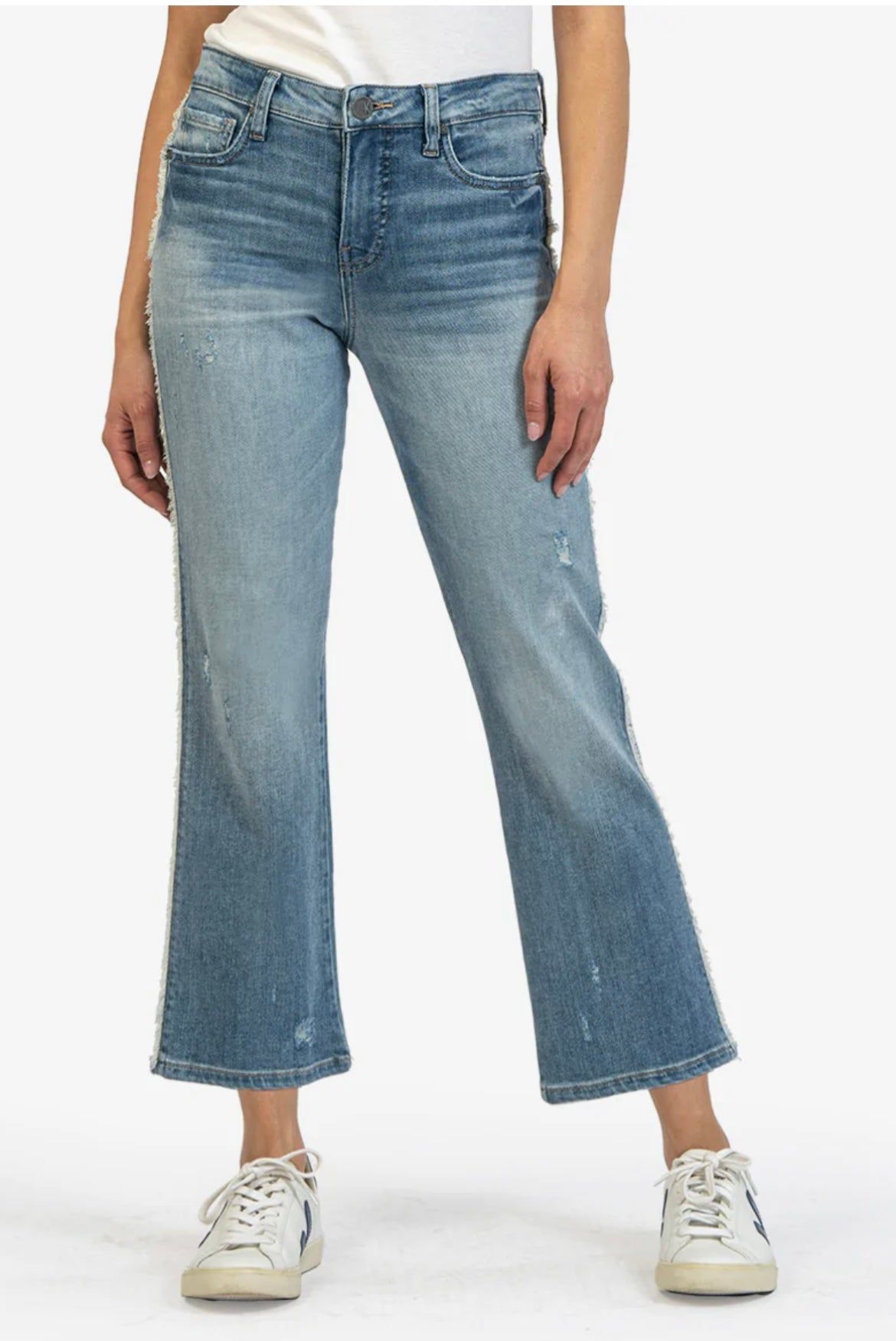 Kelsey High Rise Fab Ab Ankle Flare with Side Edge Fray | Generated Wash sold by Belletique