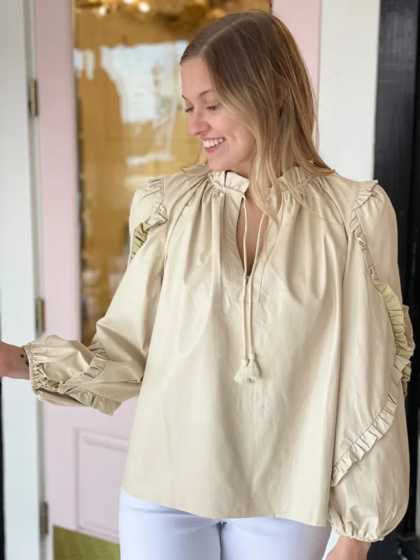 Vegan Leather Ruffle Sleeve Top | Ivory sold by Belletique