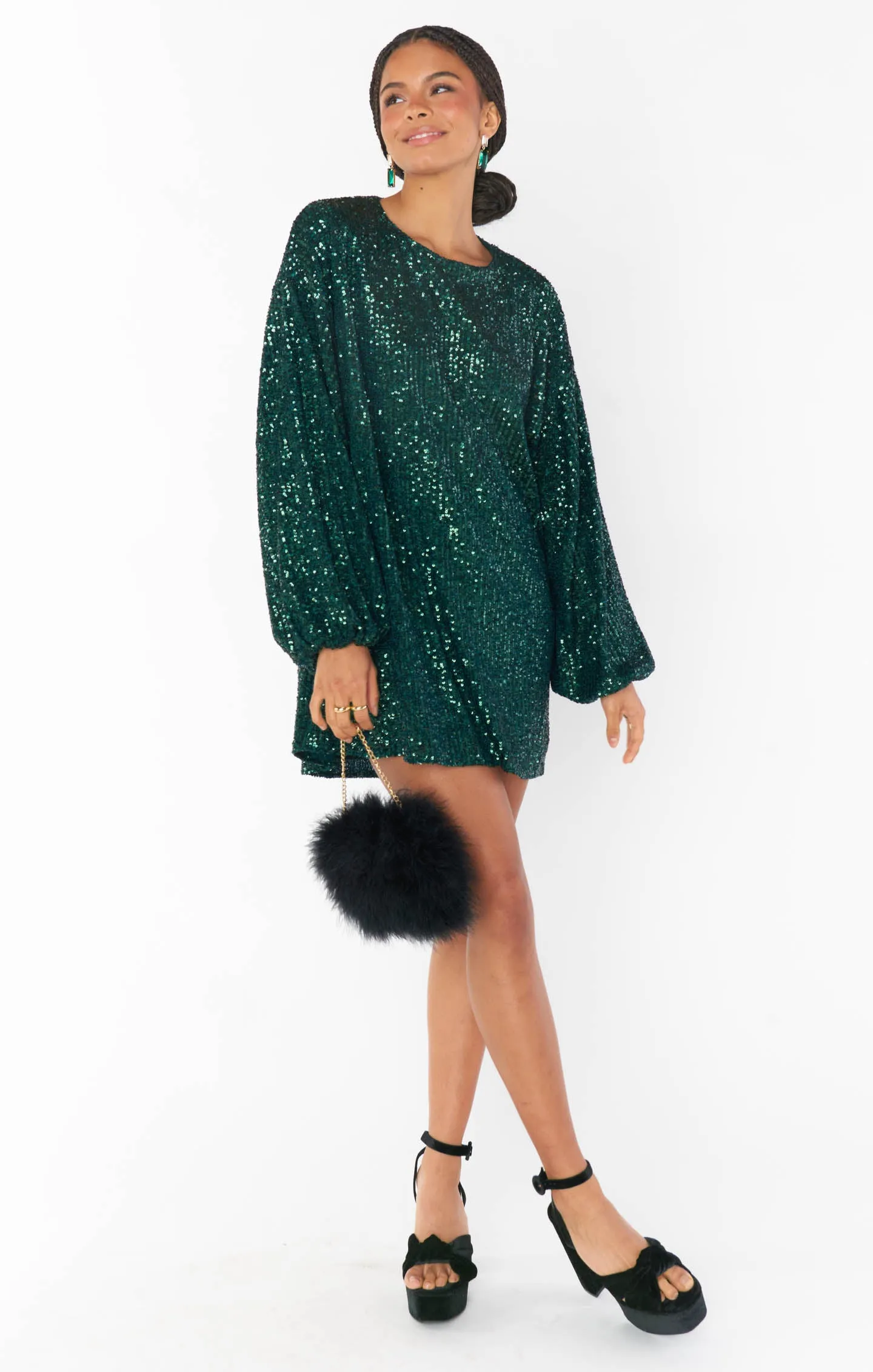 Sure Thing Mini Dress | Emerald Sequins sold by Belletique