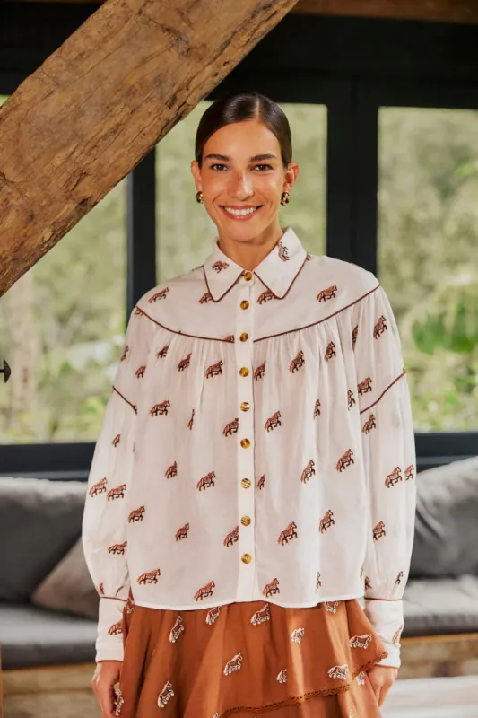Off-White Embroidered Horses Blouse sold by Belletique