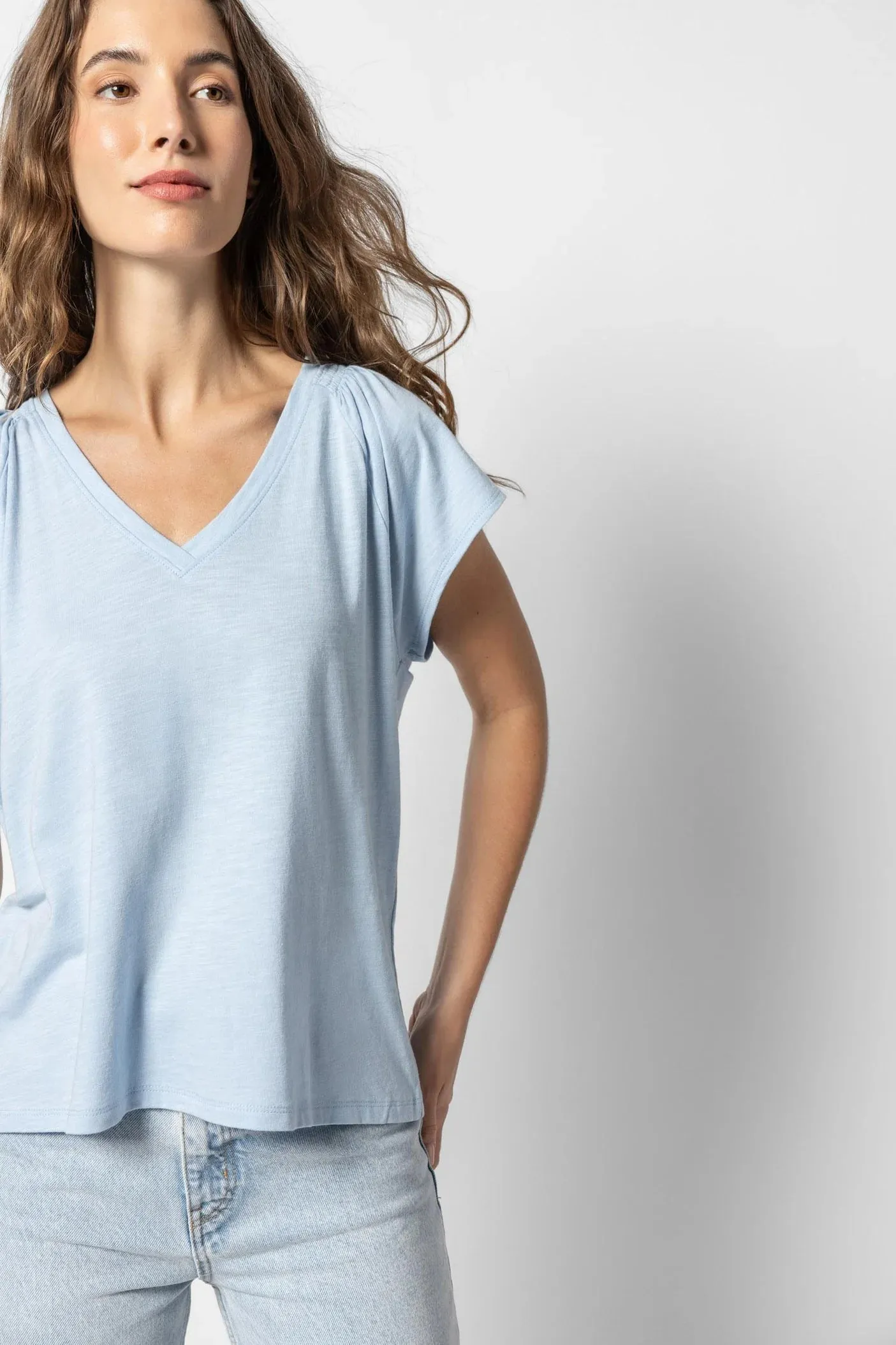 Shirred Shoulder V-Neck | Crystal sold by Belletique