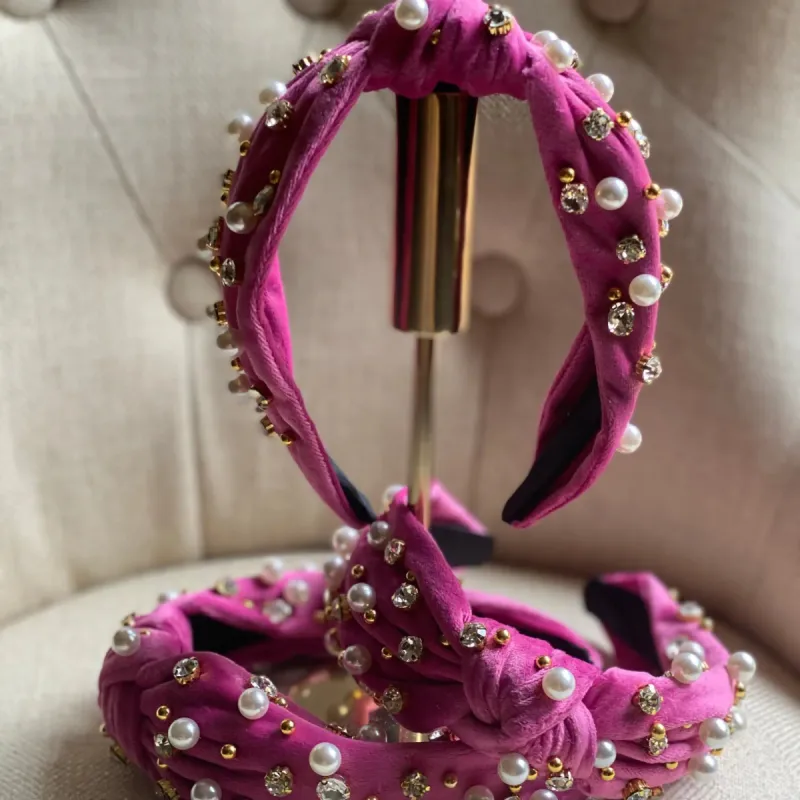 Darker Pink Headband with Pearls & Stones sold by Belletique