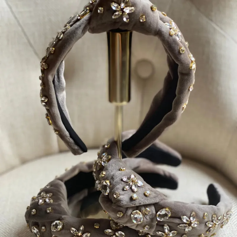 Velvet Brown Headband with Flower Stones sold by Belletique