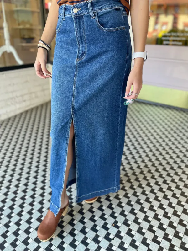 Mid Waisted Denim Maxi Skirt sold by Belletique