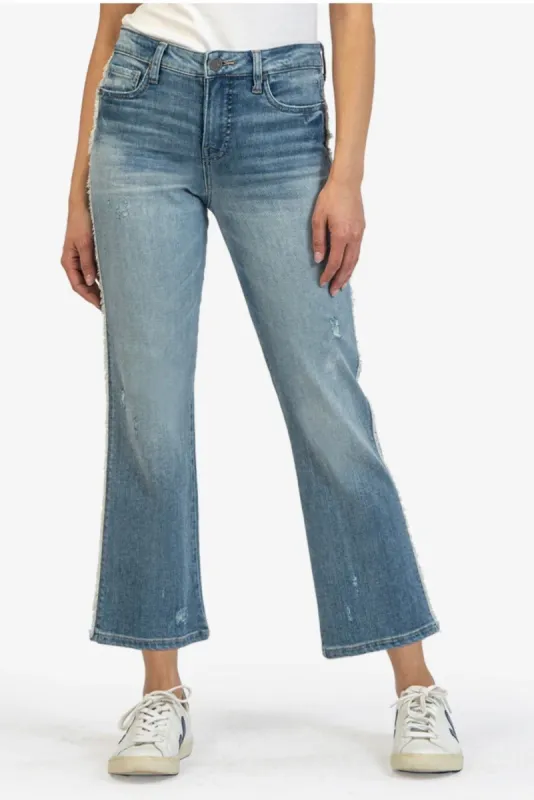 Kelsey High Rise Fab Ab Ankle Flare with Side Edge Fray | Generated Wash sold by Belletique