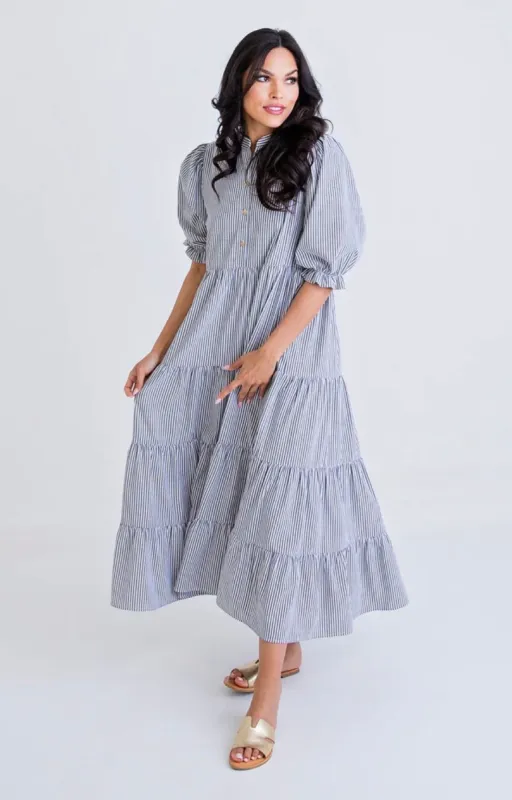 Stripe Seersucker Tier Maxi Dress sold by Belletique