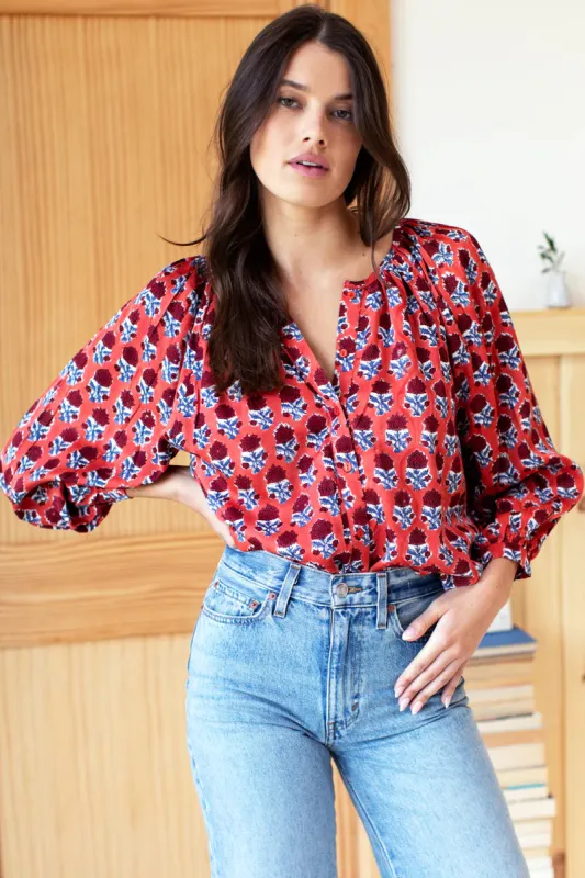 Frances Blouse | Carmen Flowers Satin sold by Belletique