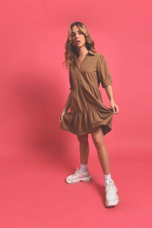 V-Neck Flare Dress | Light Khaki sold by Belletique