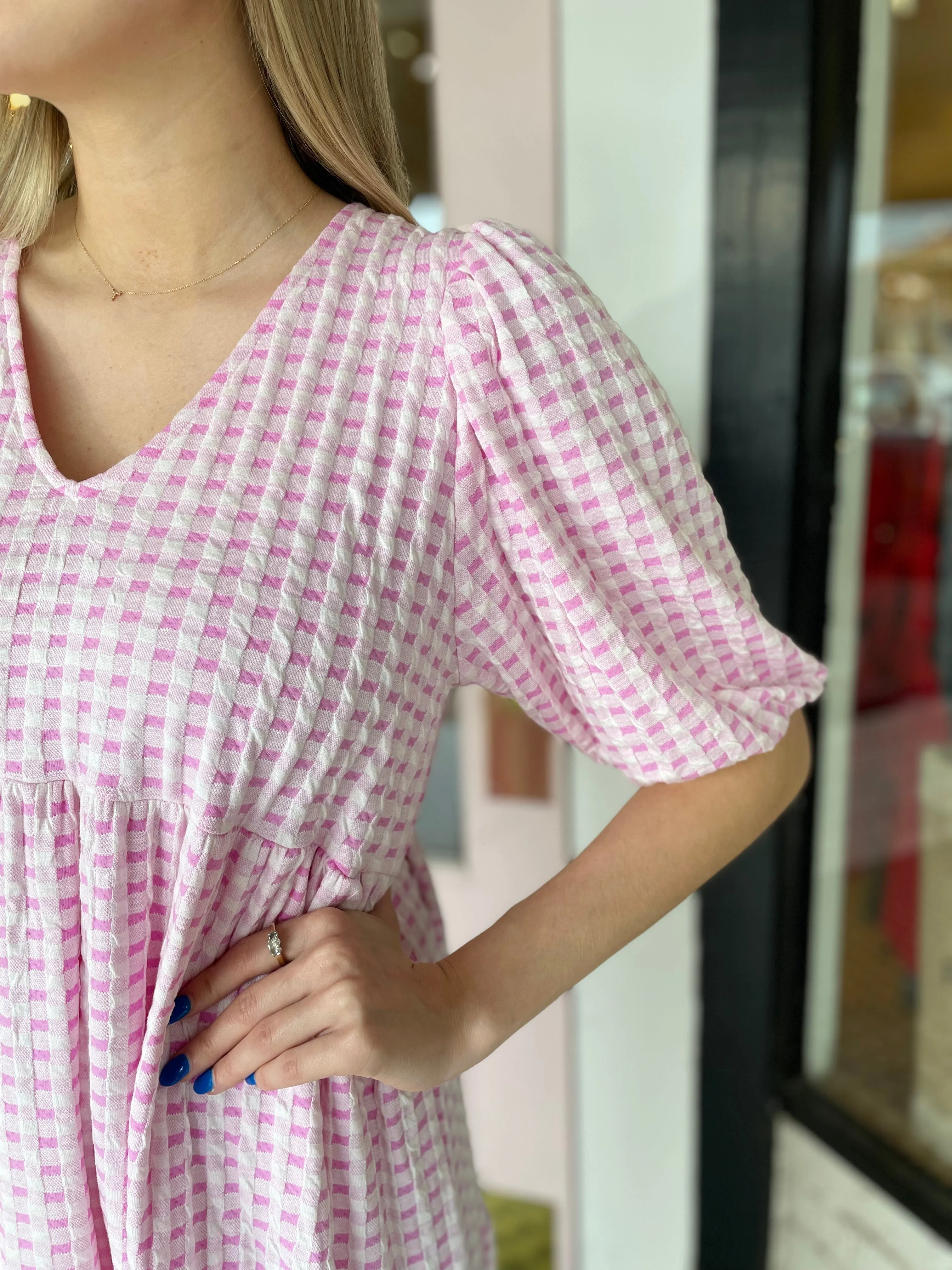 Checkered Jacquard Puff Sleeve Tiered Dress sold by Belletique product image thumbnail 2