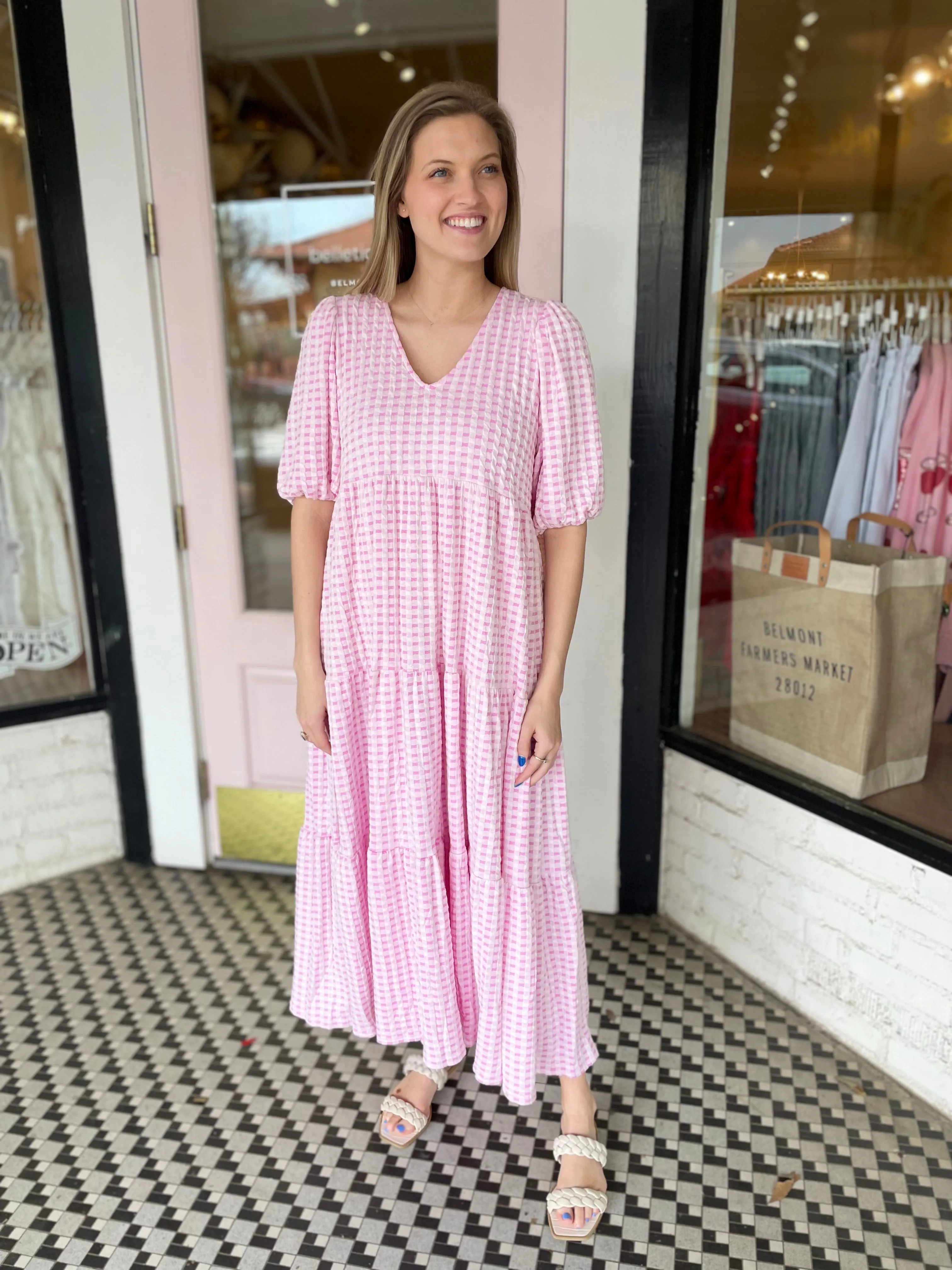 Checkered Jacquard Puff Sleeve Tiered Dress sold by Belletique