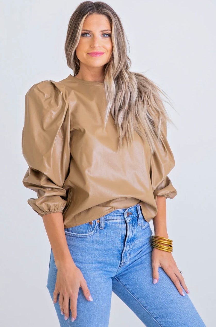 Faux Leather Puff Sleeve Top sold by Belletique