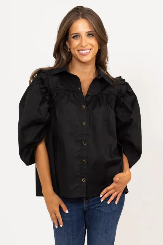 Solid Poplin Button Top | Black sold by Belletique