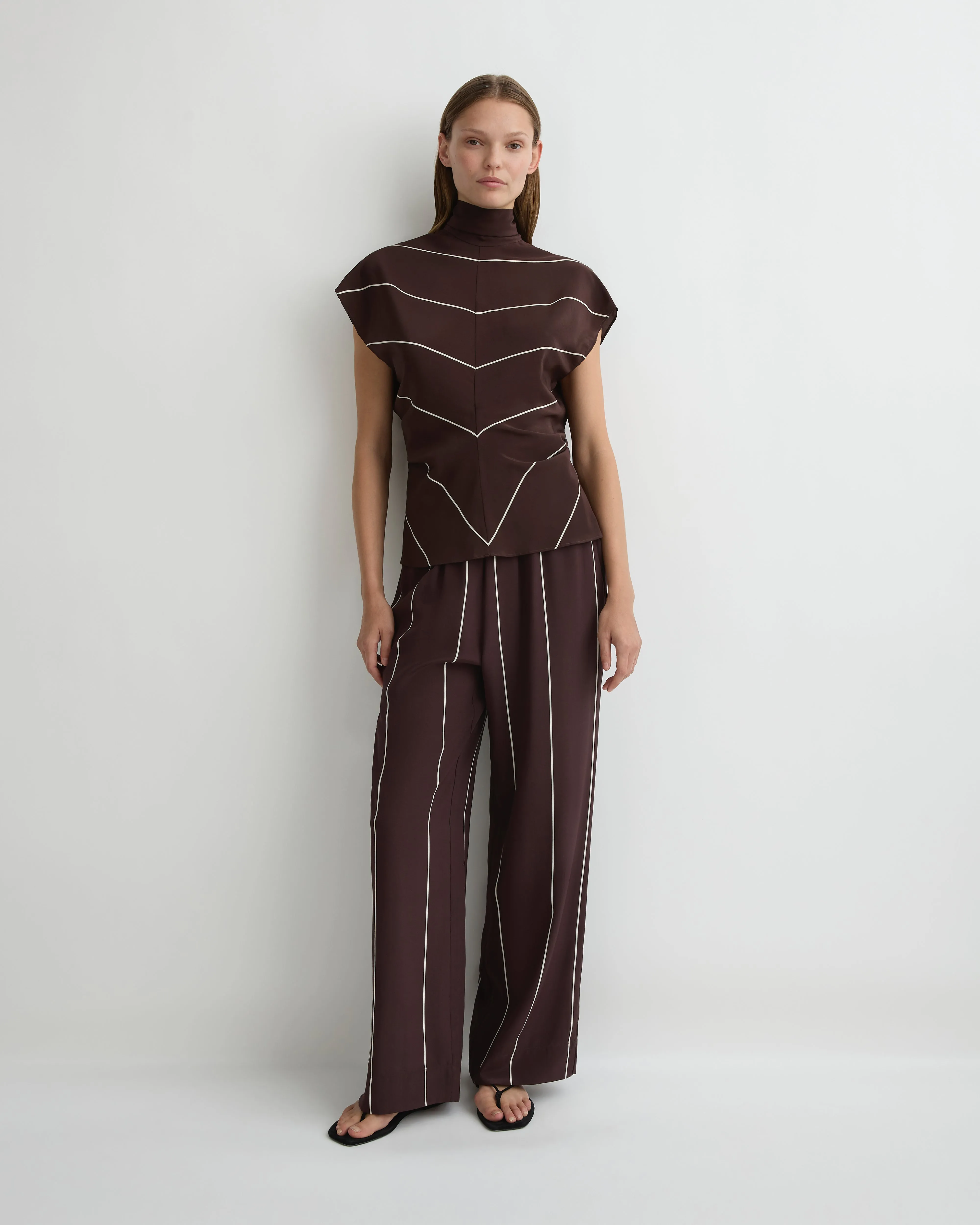 Orta Silk Tie Neck Top - Mocha Stripe sold by Bondi Born product image thumbnail 2