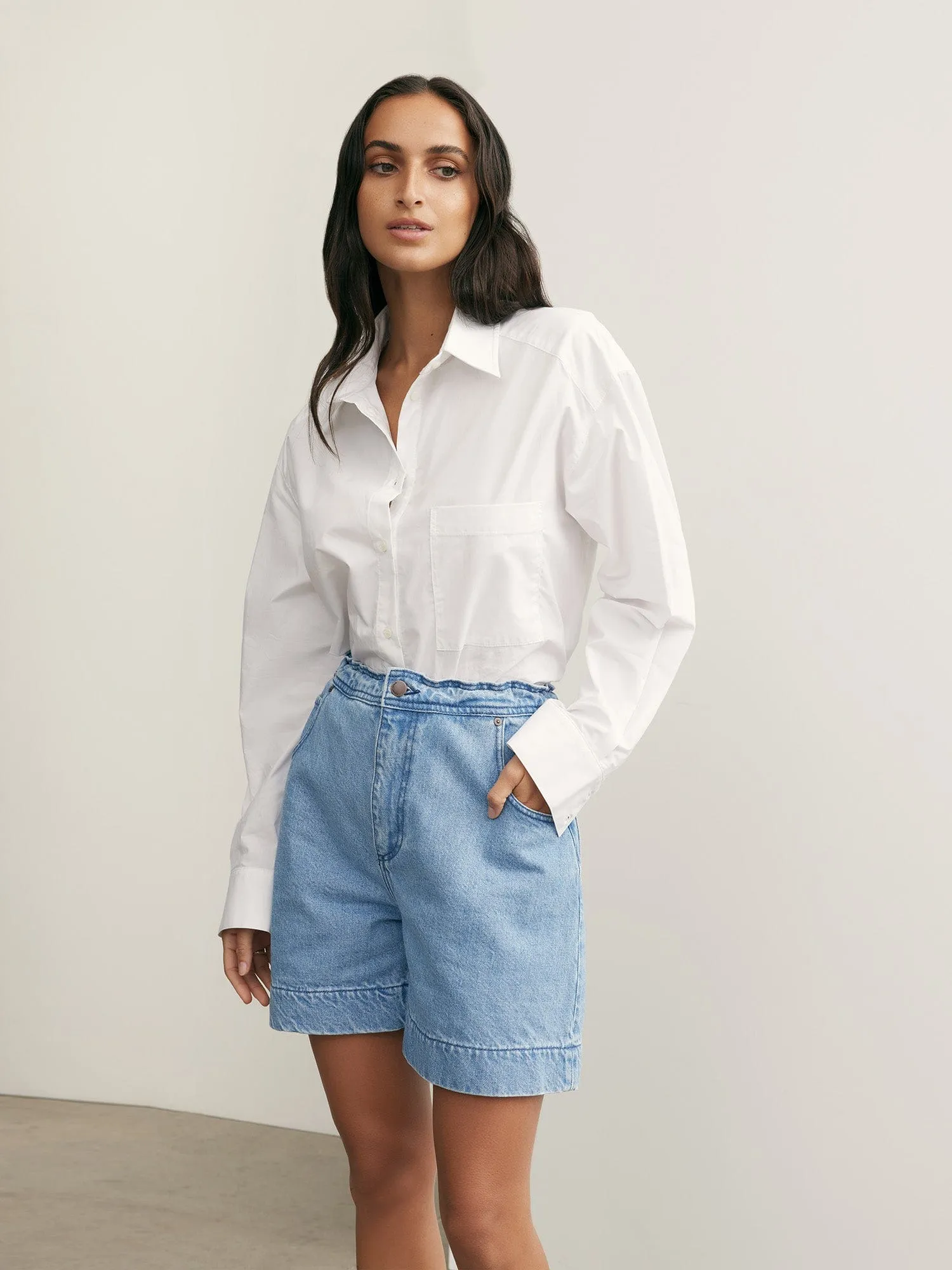Sophie Drawcord Short Saunter | Linen Denim sold by Nobody Denim