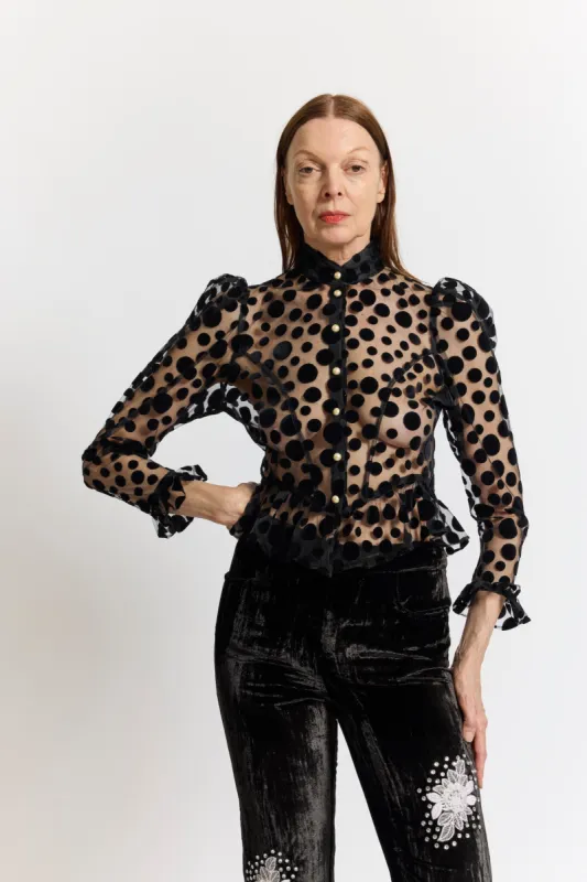 Grace Blouse in Black Polka Dot Flocked Tulle sold by Batsheva