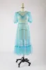 One-of-a-Kind Ruffle May Dress in Turquoise Flocked Polka Dot sold by Batsheva