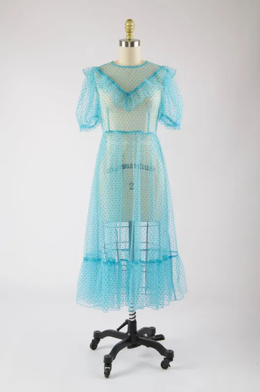 One-of-a-Kind Ruffle May Dress in Turquoise Flocked Polka Dot sold by Batsheva