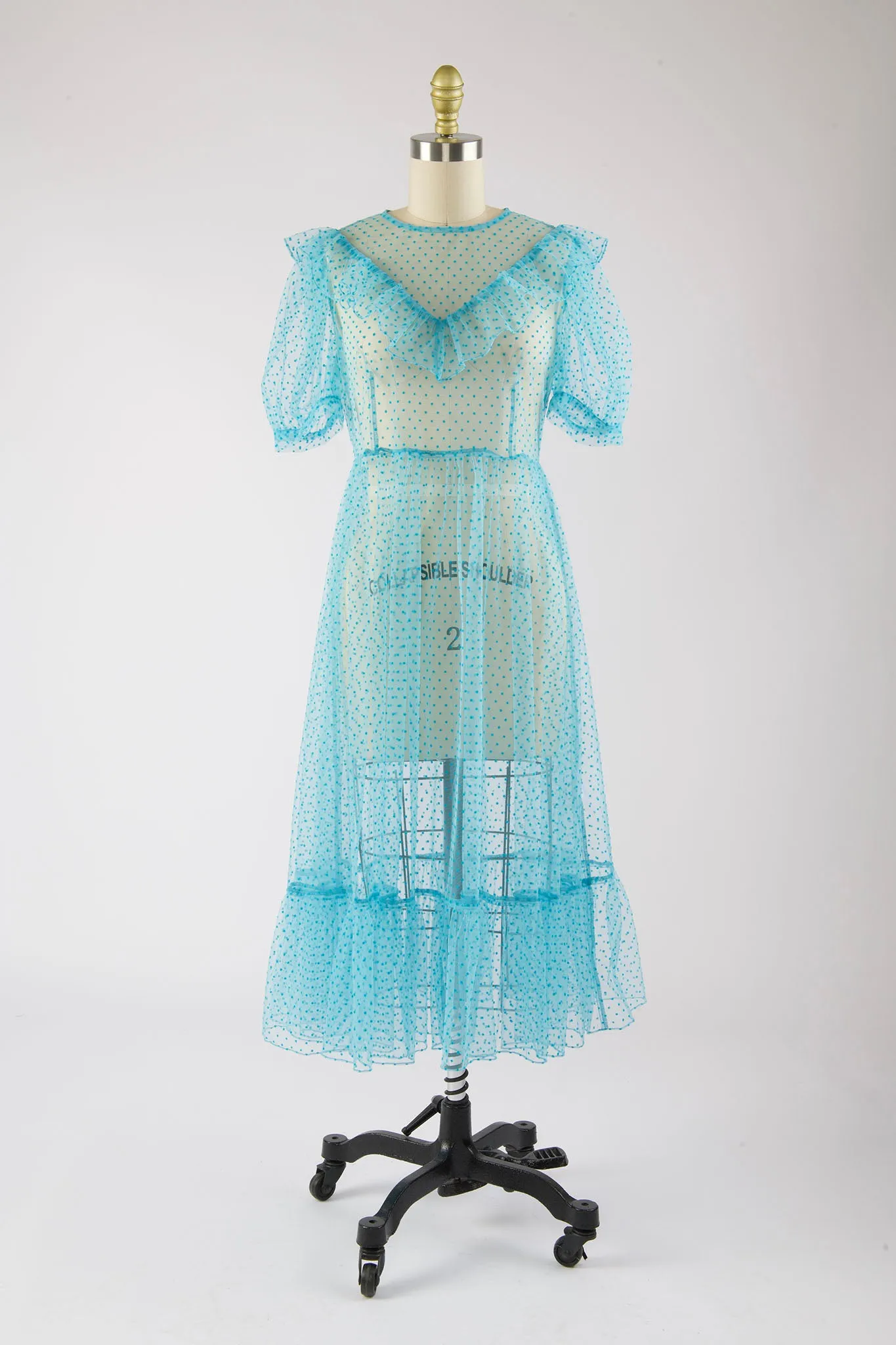 One-of-a-Kind Ruffle May Dress in Turquoise Flocked Polka Dot sold by Batsheva
