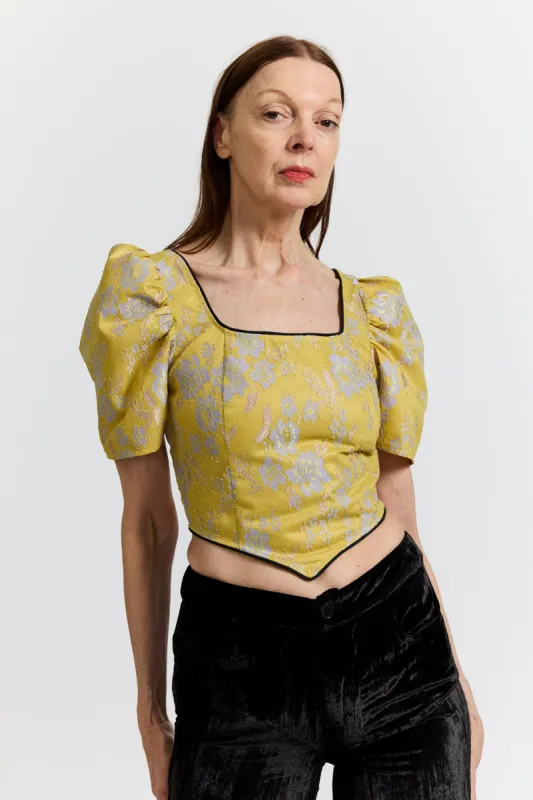 Short Sleeve Dirndl Top in Yellow Lace made by Batsheva