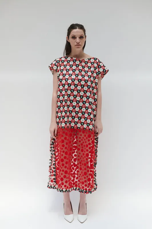 Caftan in Red Geometric and Flocked Polka Dot sold by Batsheva