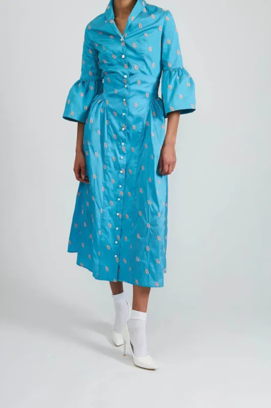 Bella Skirt in Turquoise Taffeta with Embroidered Lips made by Batsheva