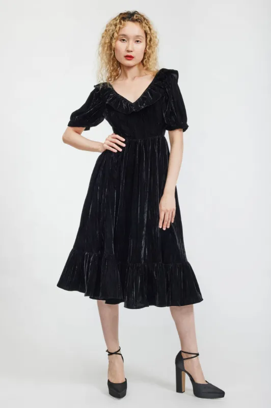 Ruffle May Dress in Black Crushed Velvet sold by Batsheva