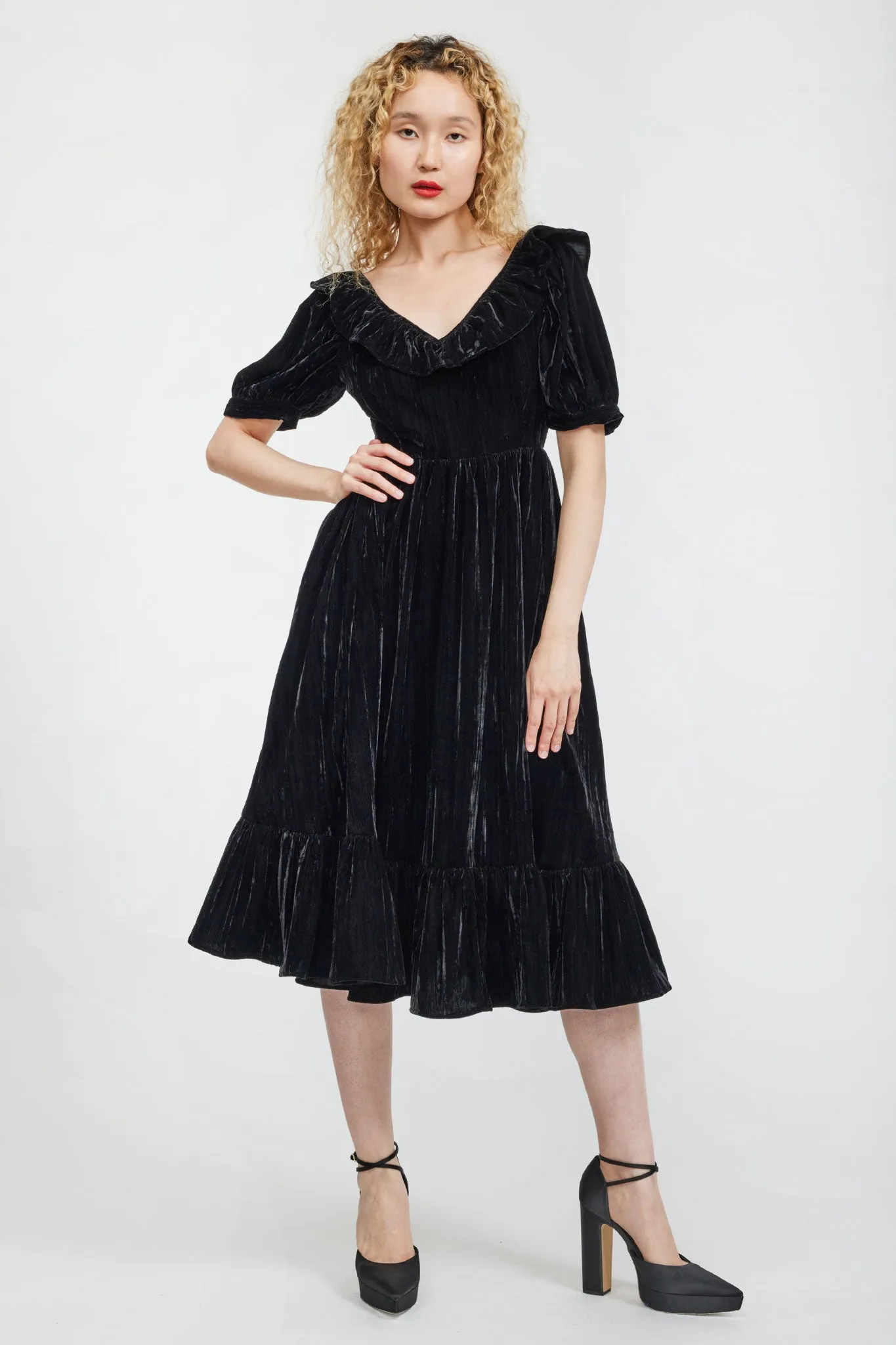 Ruffle May Dress in Black Crushed Velvet sold by Batsheva