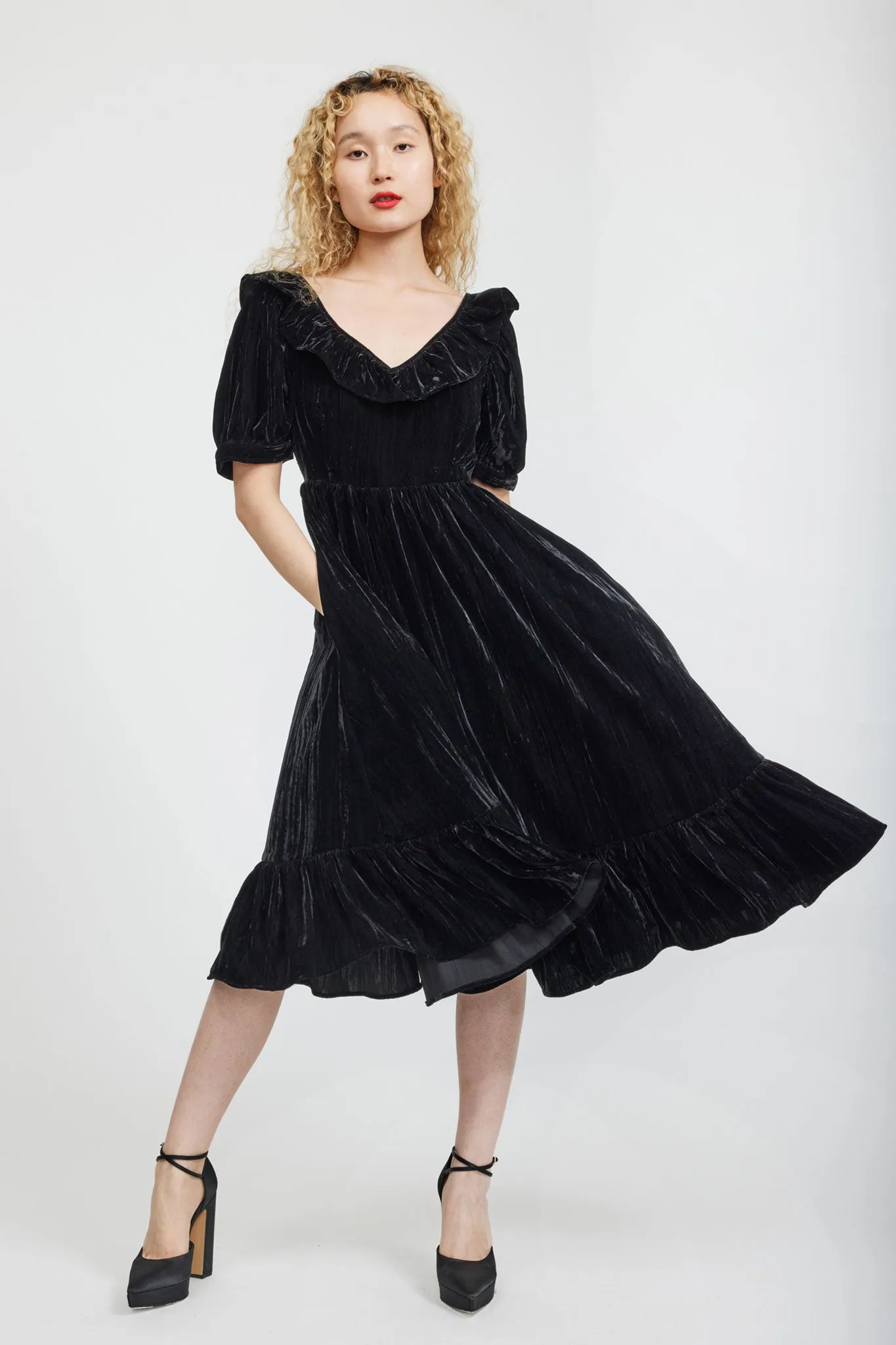Ruffle May Dress in Black Crushed Velvet sold by Batsheva product image thumbnail 2