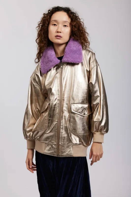 Alex Bomber Jacket in Gold Metallic Leather made by Batsheva