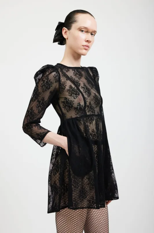 Square Neck Mini Prairie Dress in Black Lace sold by Batsheva