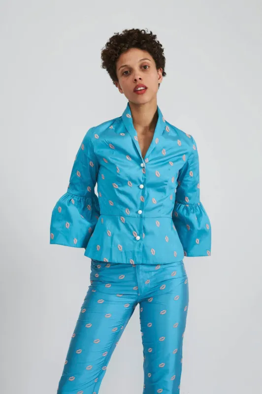 Jerri Jacket in Turquoise Taffeta with Embroidered Lips made by Batsheva