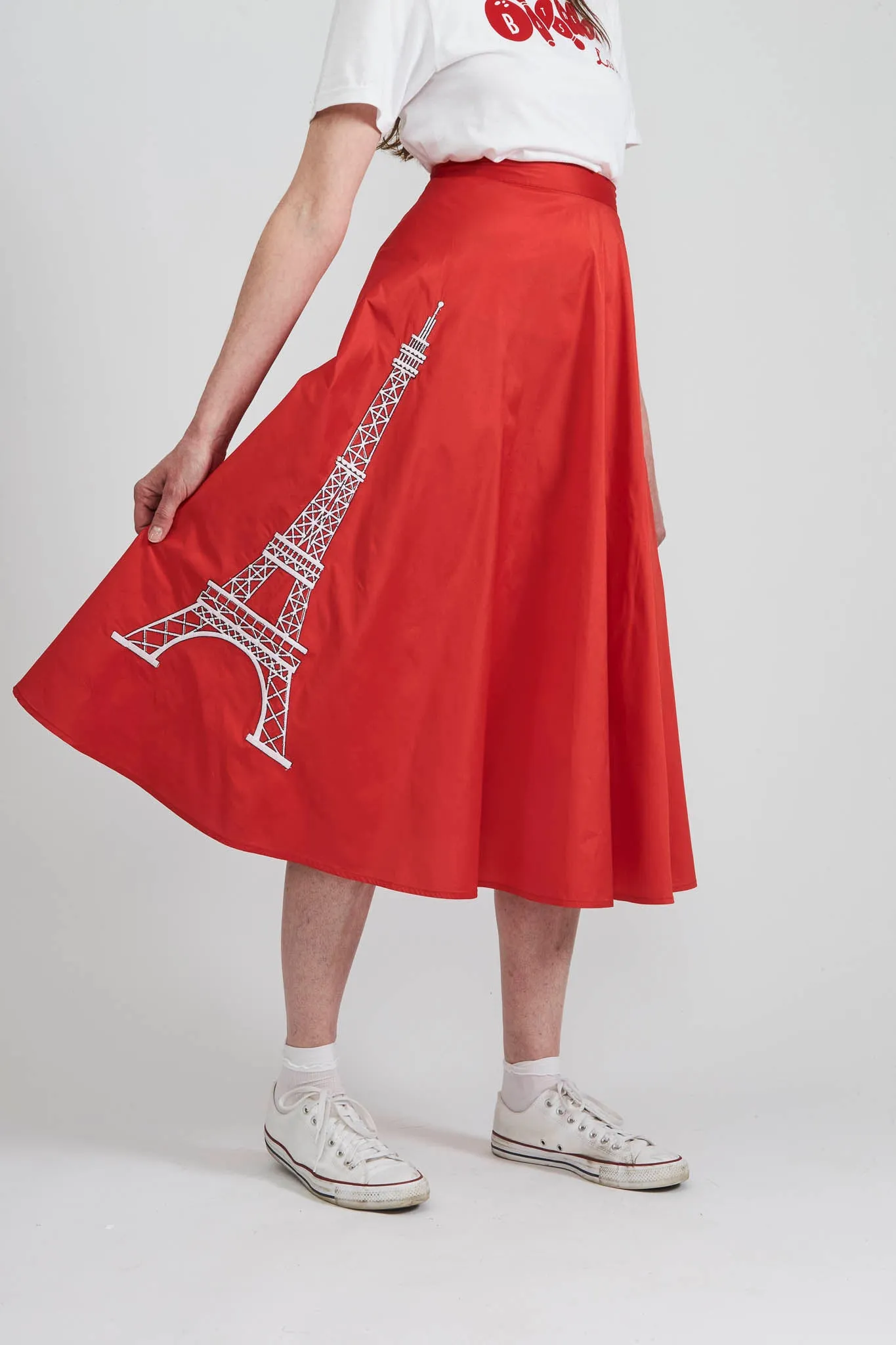 Maggie Skirt in Red Taffeta with Eiffel Tower Embroidery sold by Batsheva