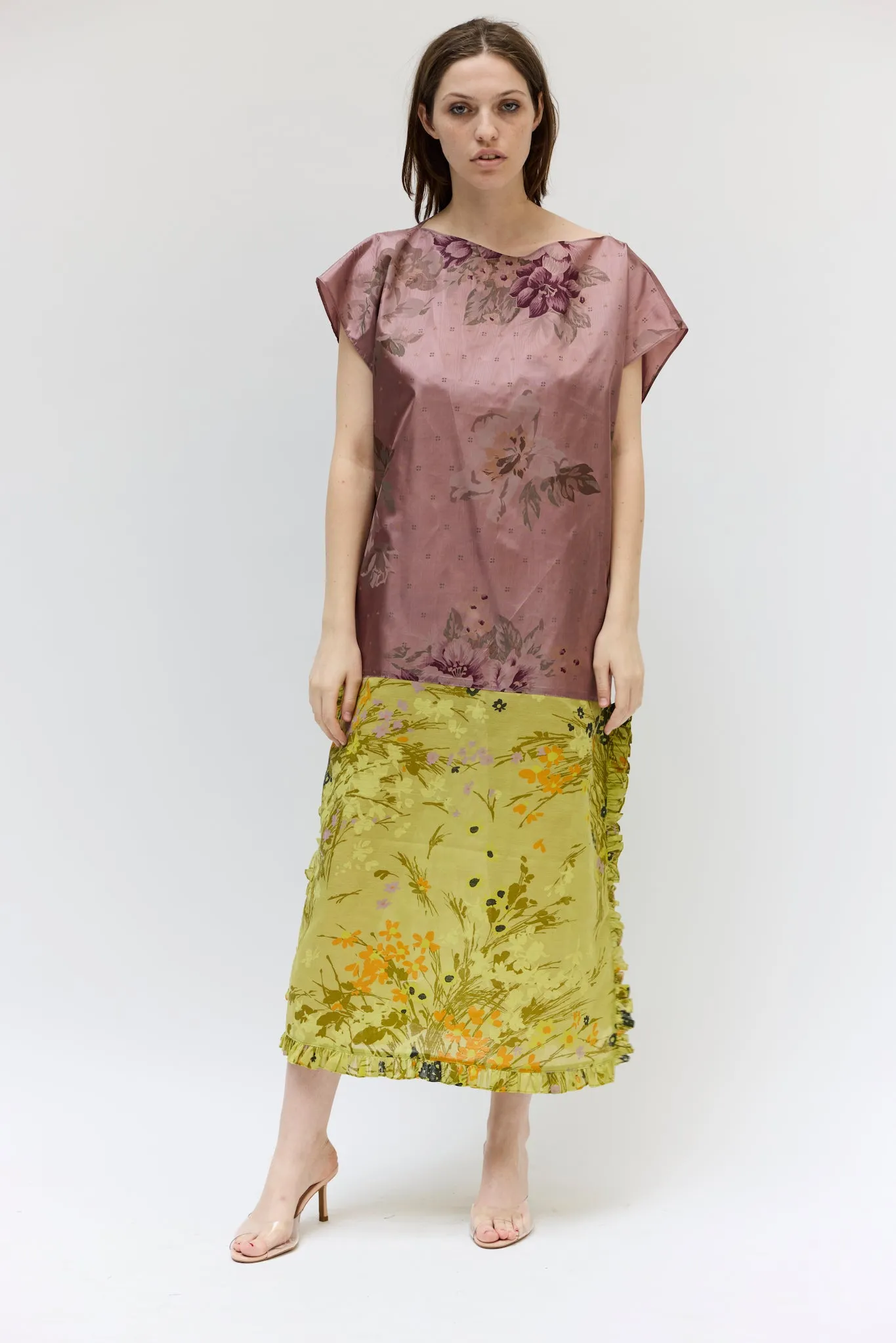 Caftan in Vintage Purple Floral Moire and Green Linen sold by Batsheva