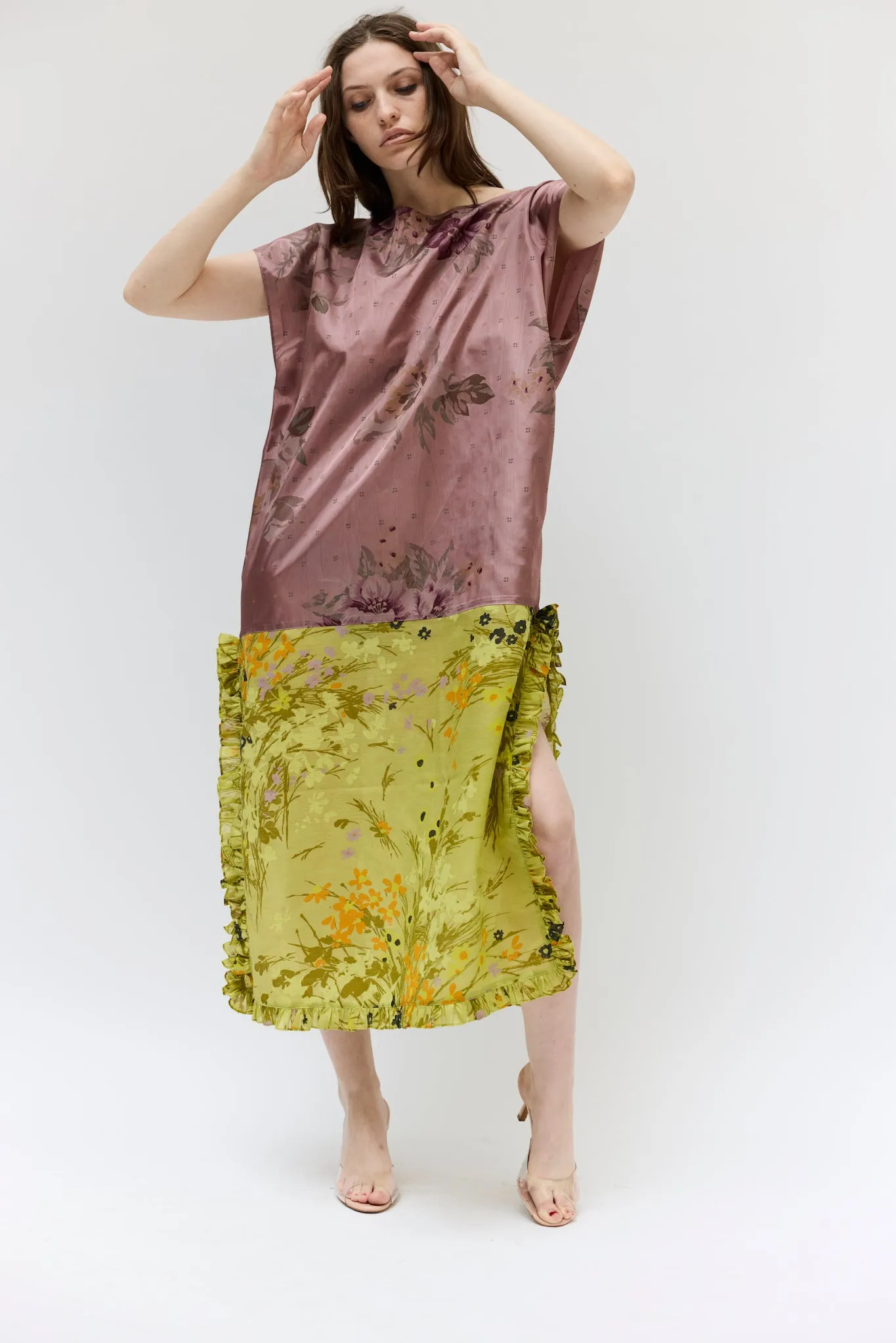 Caftan in Vintage Purple Floral Moire and Green Linen sold by Batsheva product image thumbnail 2