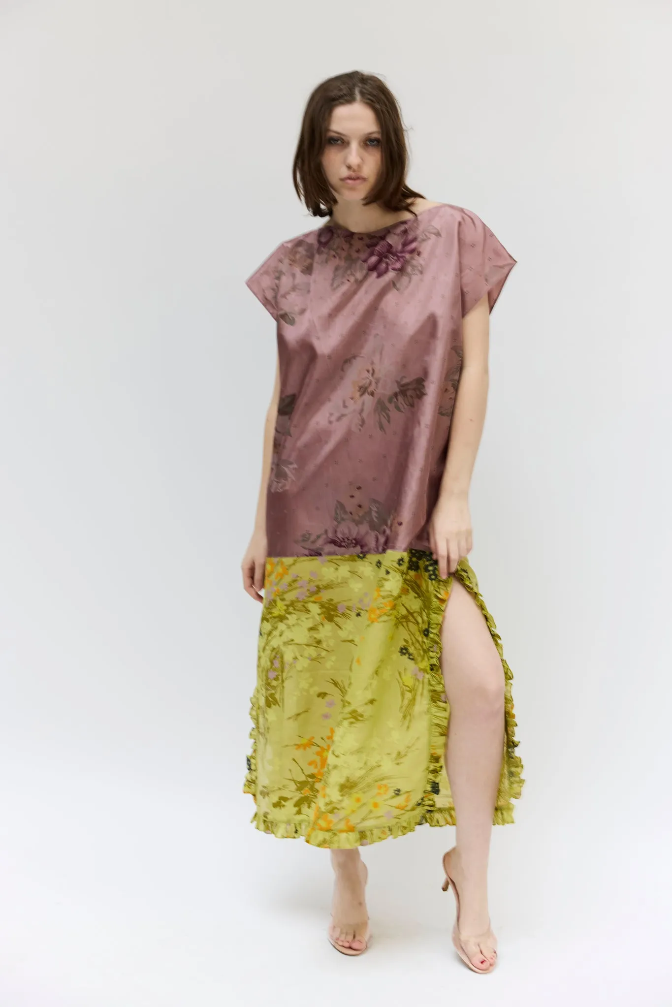 Caftan in Vintage Purple Floral Moire and Green Linen sold by Batsheva product image thumbnail 4