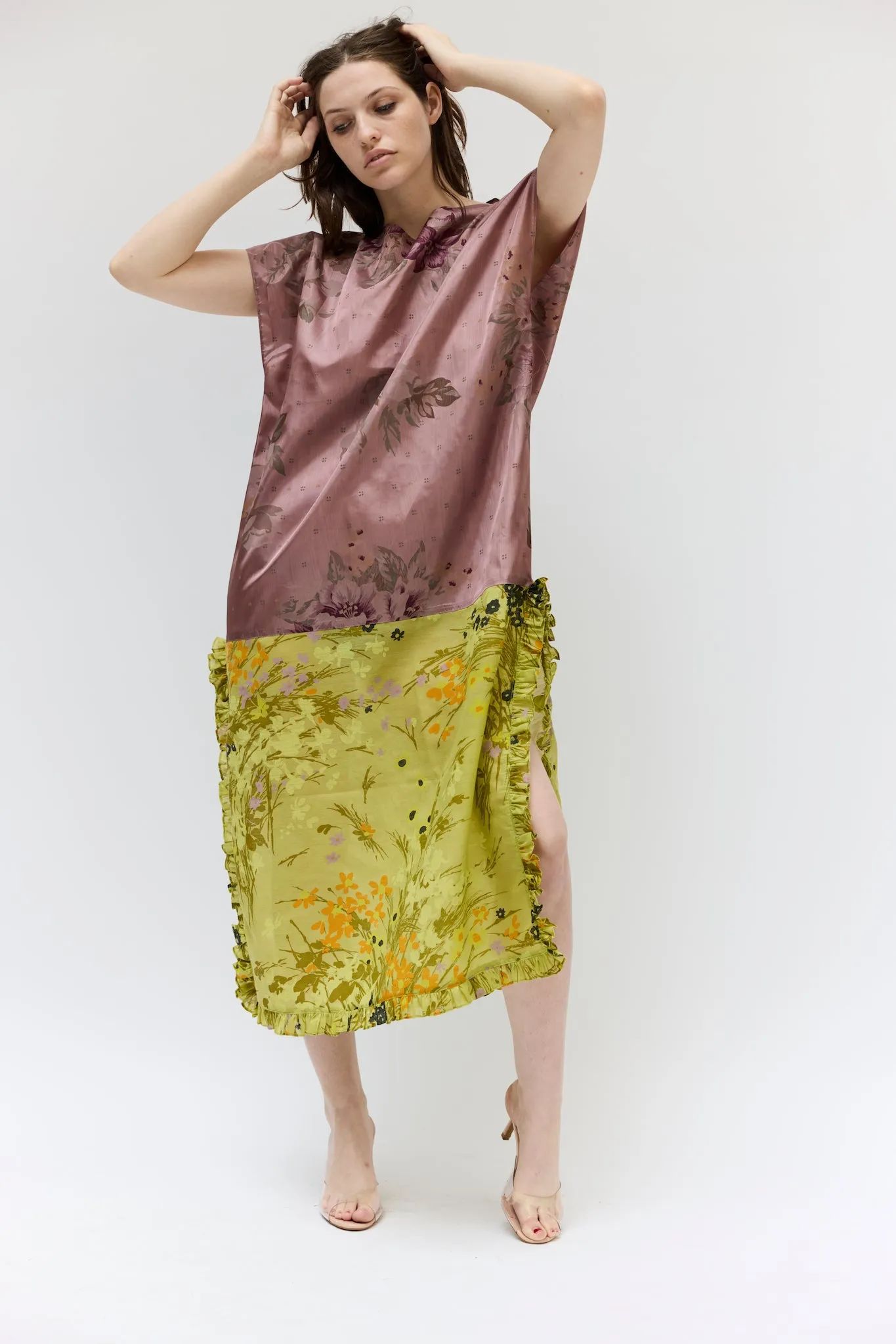 Caftan in Vintage Purple Floral Moire and Green Linen sold by Batsheva product image thumbnail 3