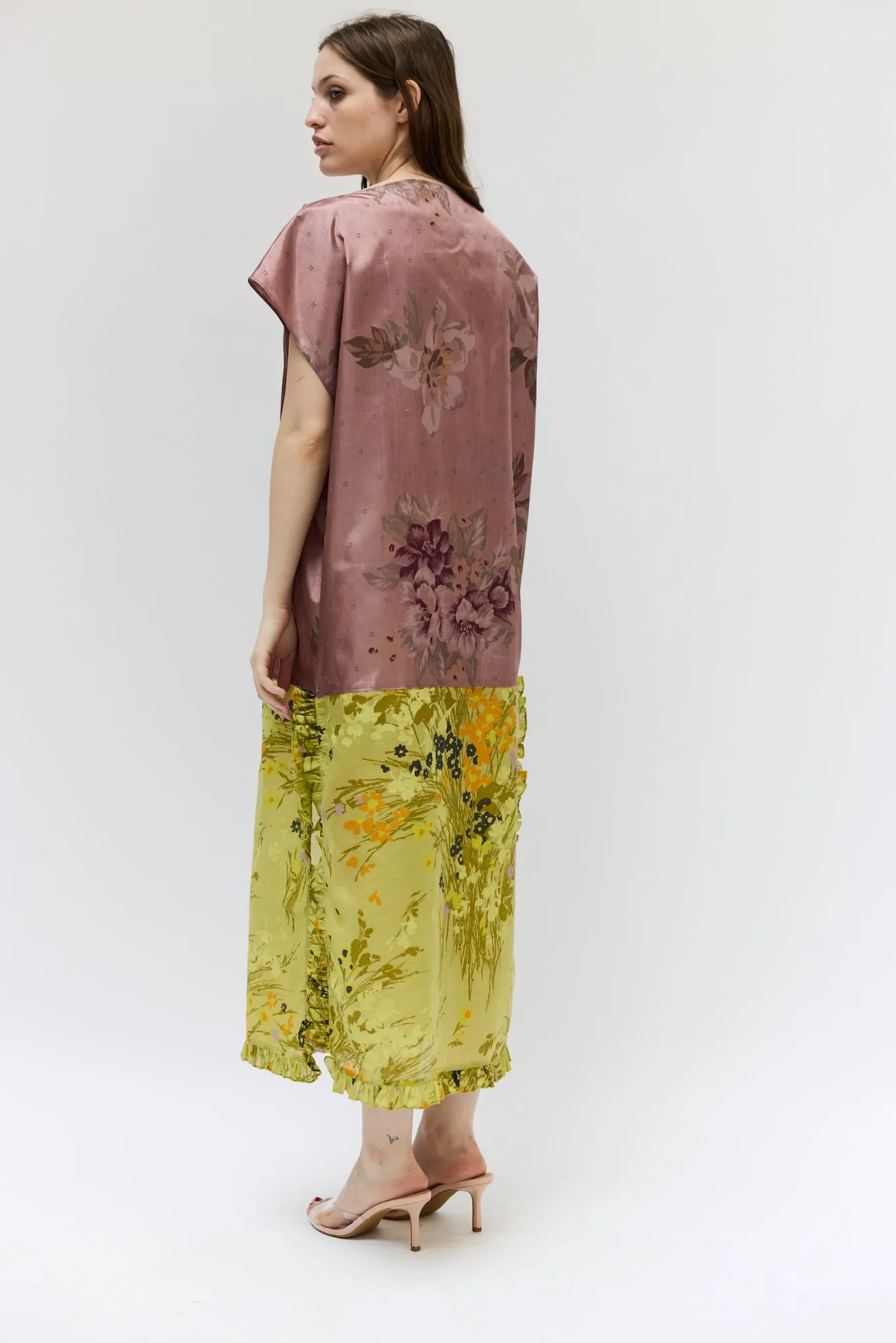 Caftan in Vintage Purple Floral Moire and Green Linen sold by Batsheva product image thumbnail 5