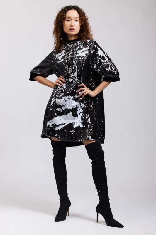 Beray Coat Dress in Black and White Flip Sequin made by Batsheva
