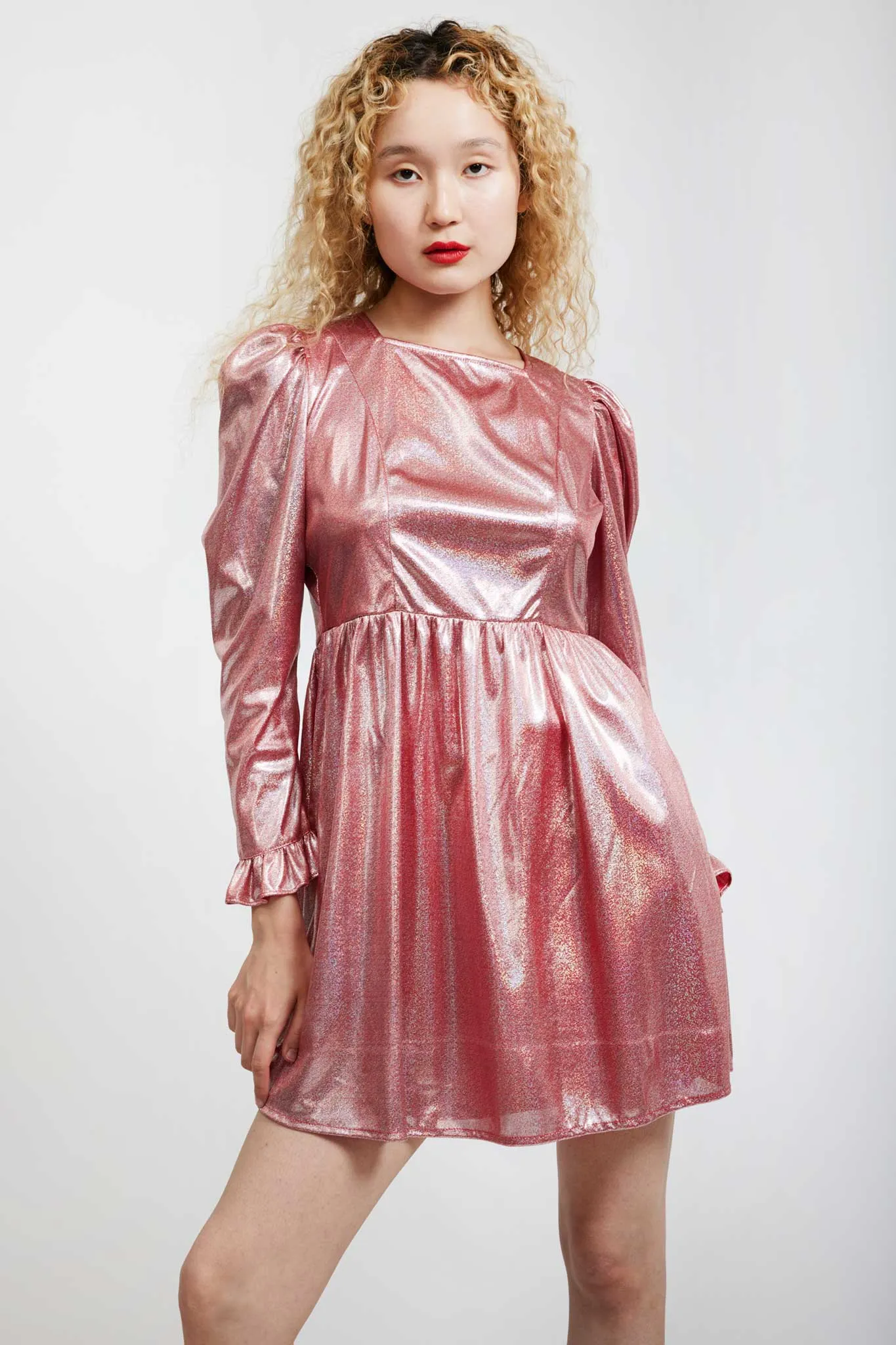 Square Neck Mini Prairie Dress in Ballerina Pink Holographic sold by Batsheva product image thumbnail 2