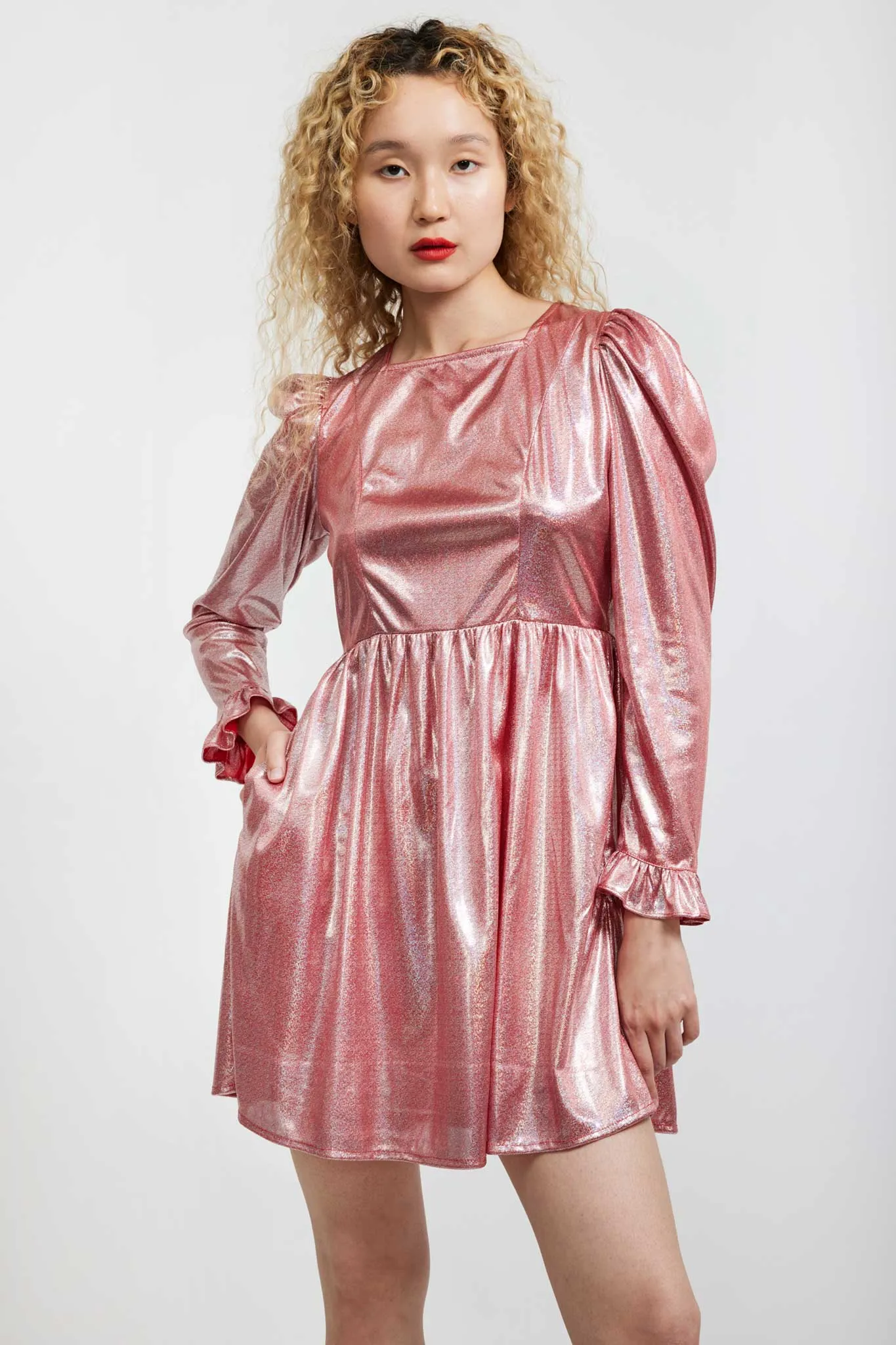 Square Neck Mini Prairie Dress in Ballerina Pink Holographic sold by Batsheva product image thumbnail 4