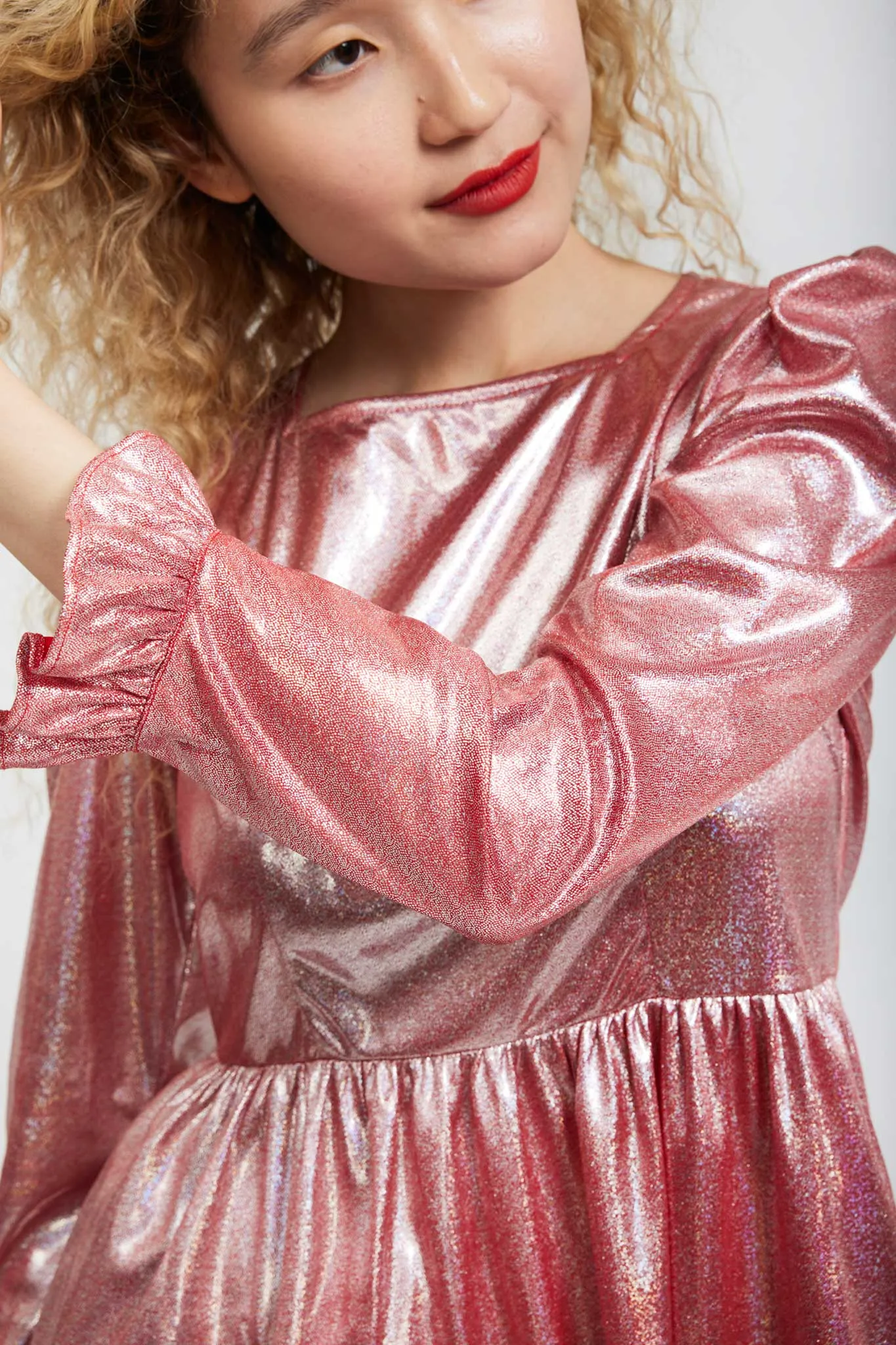 Square Neck Mini Prairie Dress in Ballerina Pink Holographic sold by Batsheva product image thumbnail 5
