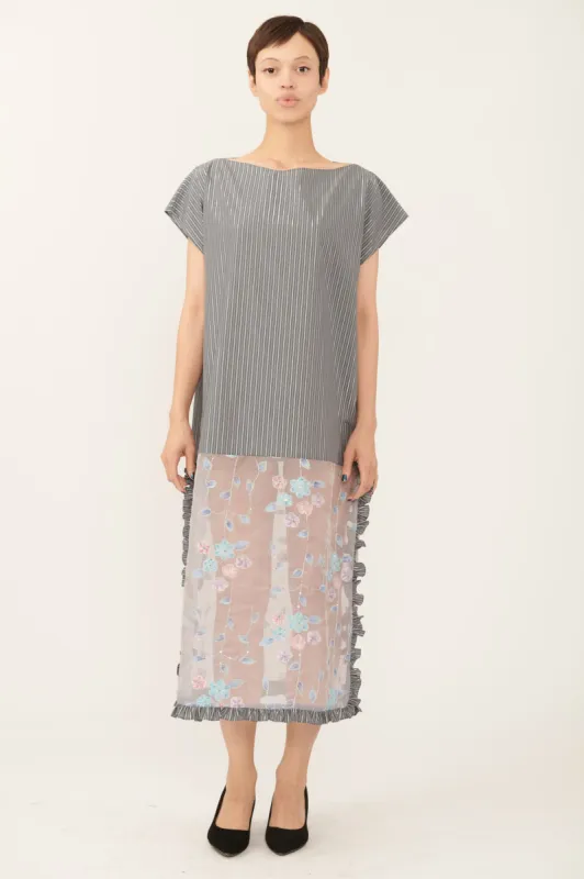 Caftan in Grey Silver Lurex Stripe Cotton and Floral Organza sold by Batsheva
